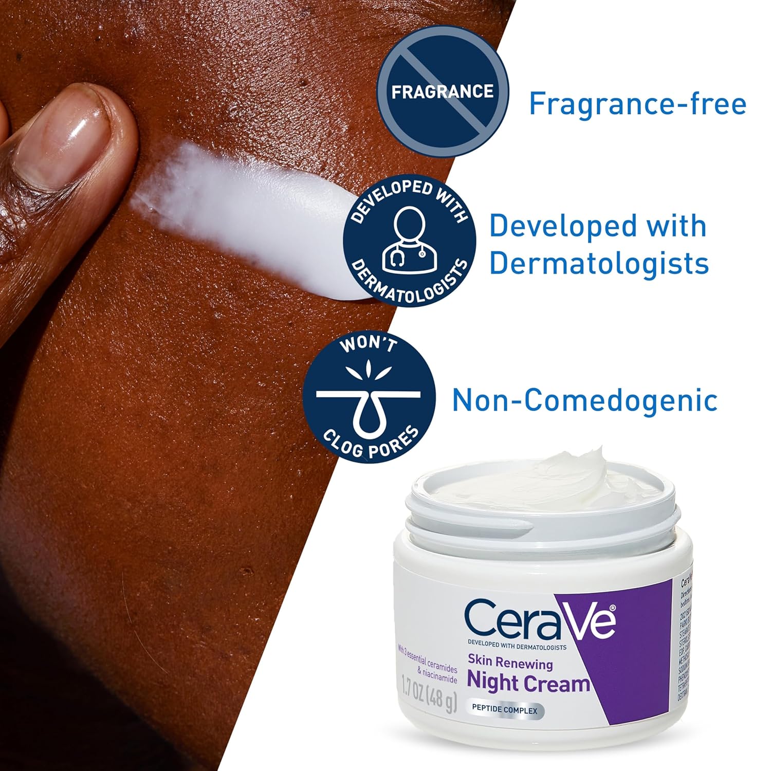 CeraVe Skin Renewing Night Cream, Peptide Complex, Hyaluronic Acid & Ceramide Moisturizer 